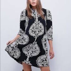 FREE PEOPLE New Romantics Fiesta Mini Dress Black White Damask XS Boho Festival